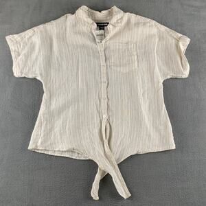 Lands’ End Linen Tie Front Shirt Soft Neutral Striped Coastal Boho Sustainable